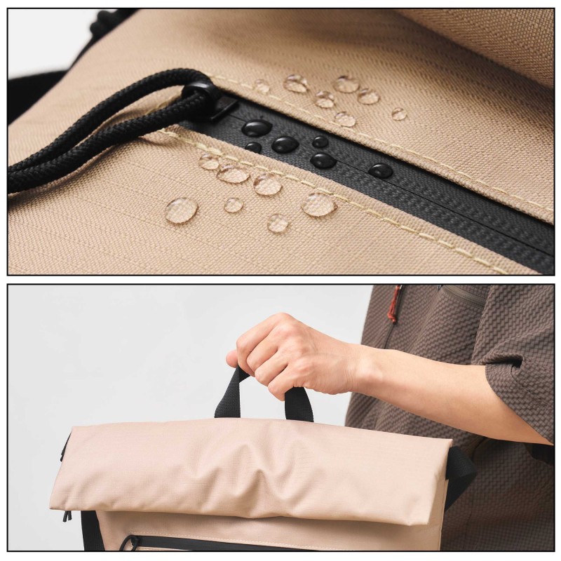 止水ファスナーの外ポケット、小物入れに便利な内ポケットが備わる