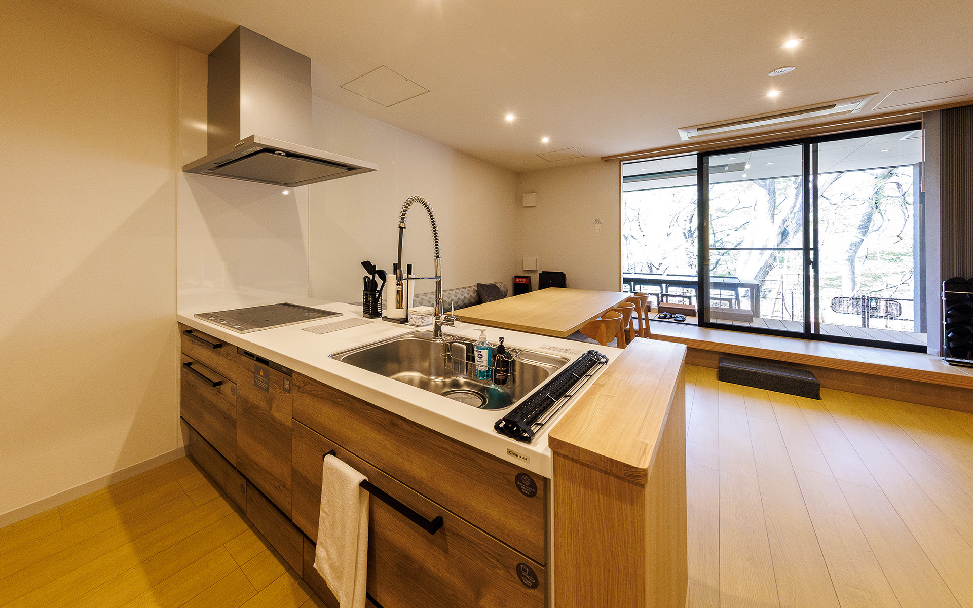 キッチンからダイニング、テラスの眺め