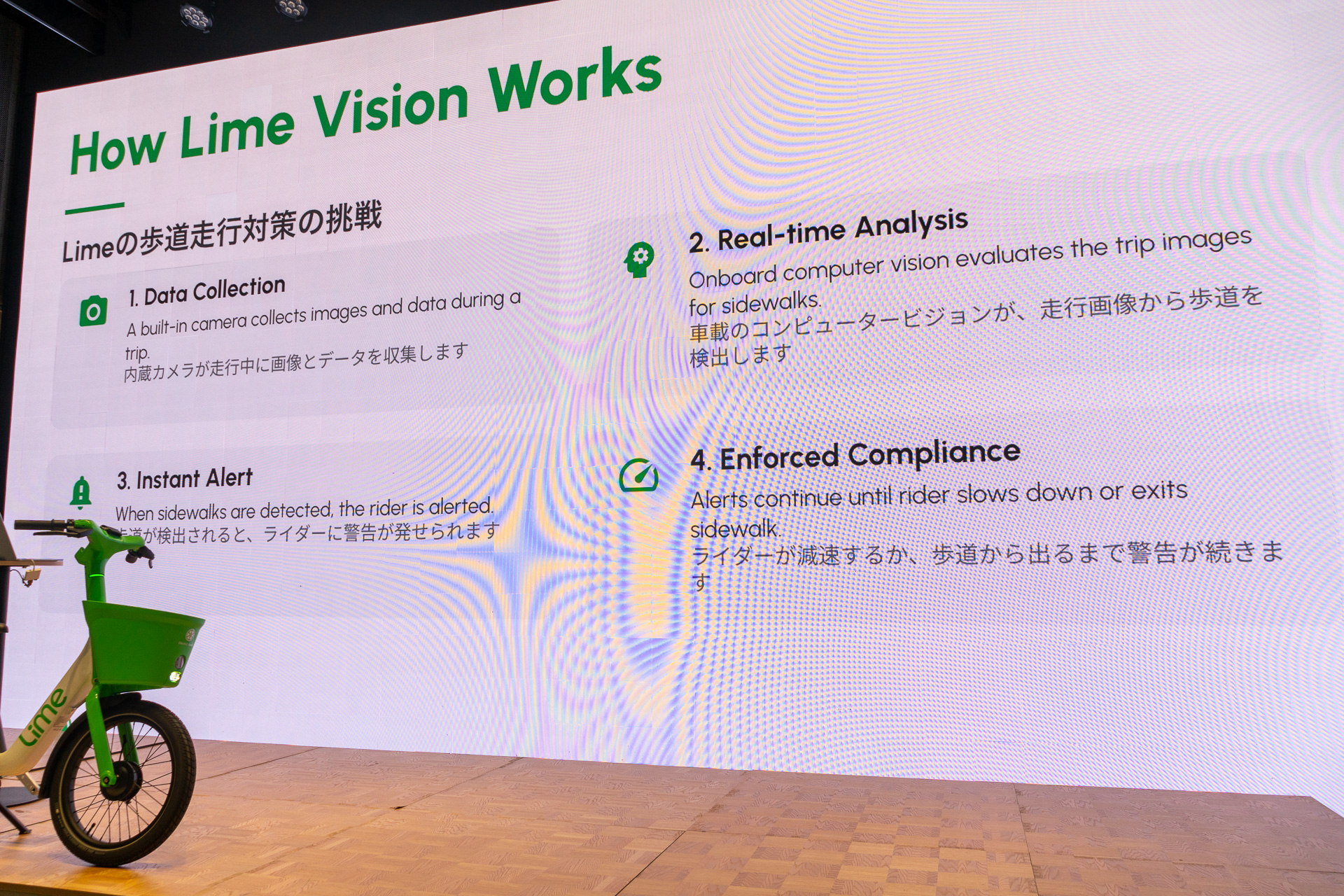 内蔵カメラによって、歩道を走行すると警告を出す仕組み「Lime Vision（ライムビジョン）」を導入。利用者が減速するか歩道を出るまで警告が続く。まずはLimeラクモを使って東京23区内などで実証実験を行なうという