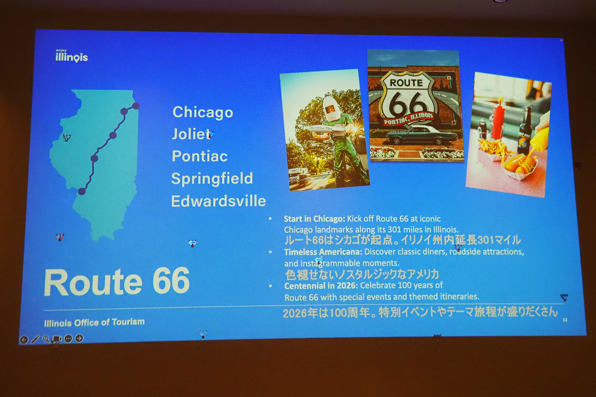 ミシガン湖での水上アクティビティやエイブラハム・リンカーンゆかりのスプリングフィールド、グレート・リバー・ロードなども説明