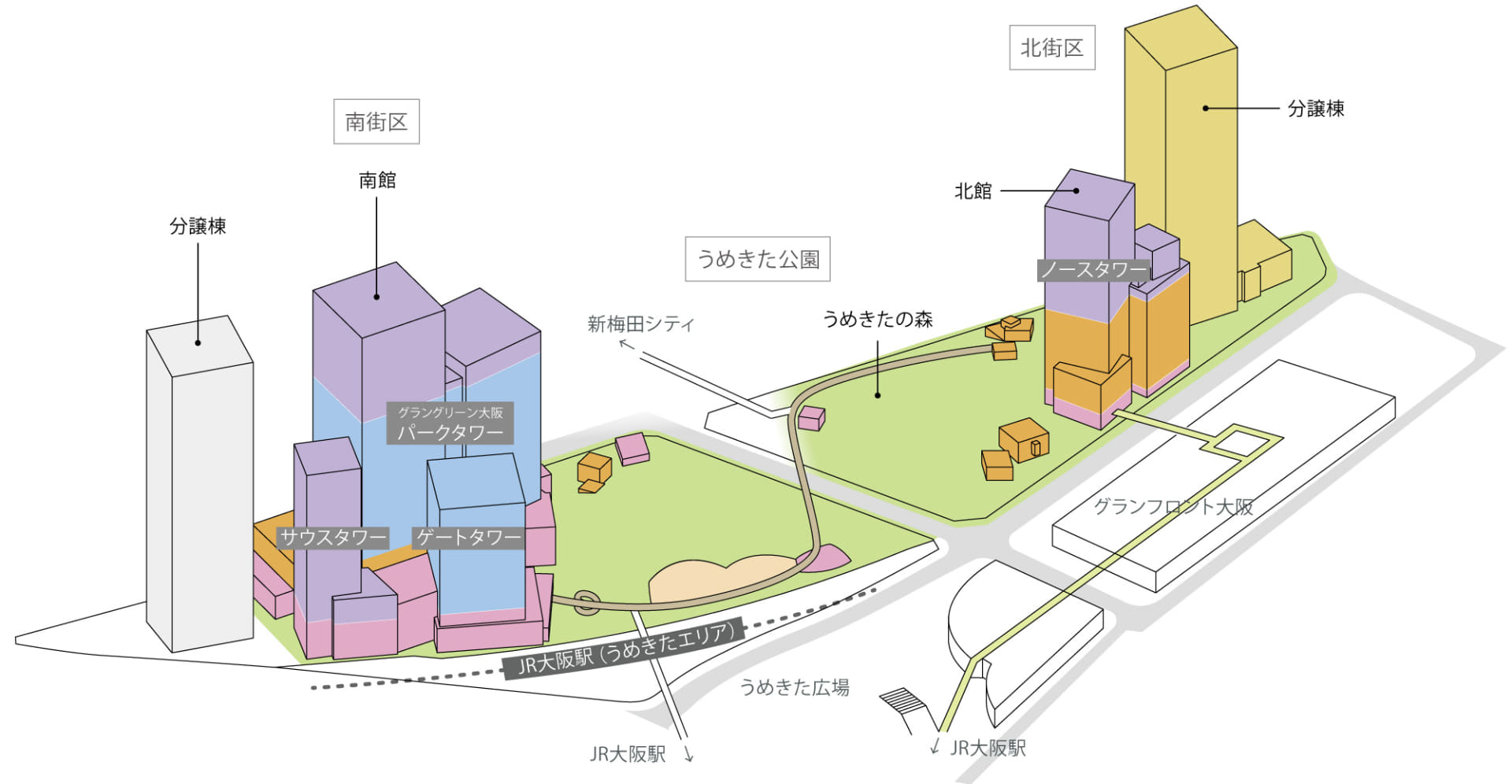 「グラングリーン大阪」全体マップ。うめきたの森が開園することで、全体の9割（着色部分）が完成・供用されることとなる
