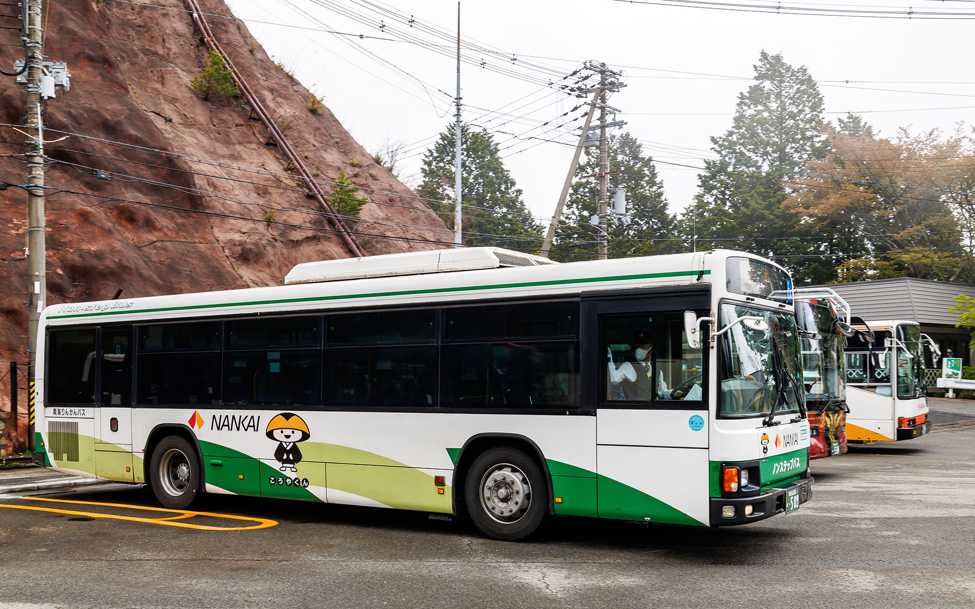 従来のバス。客席ドアが前後にあり、2人掛けシートが左右に並ぶ「郊外型」と呼ばれる車両を多く導入している