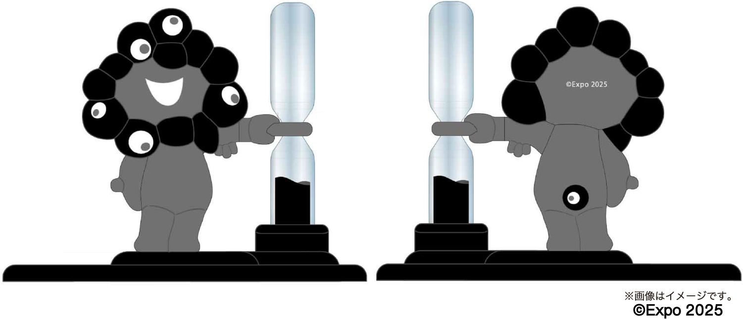 うしろ姿までかわいい黒ミャクミャクの「砂時計付きカップ麺ストッパー」