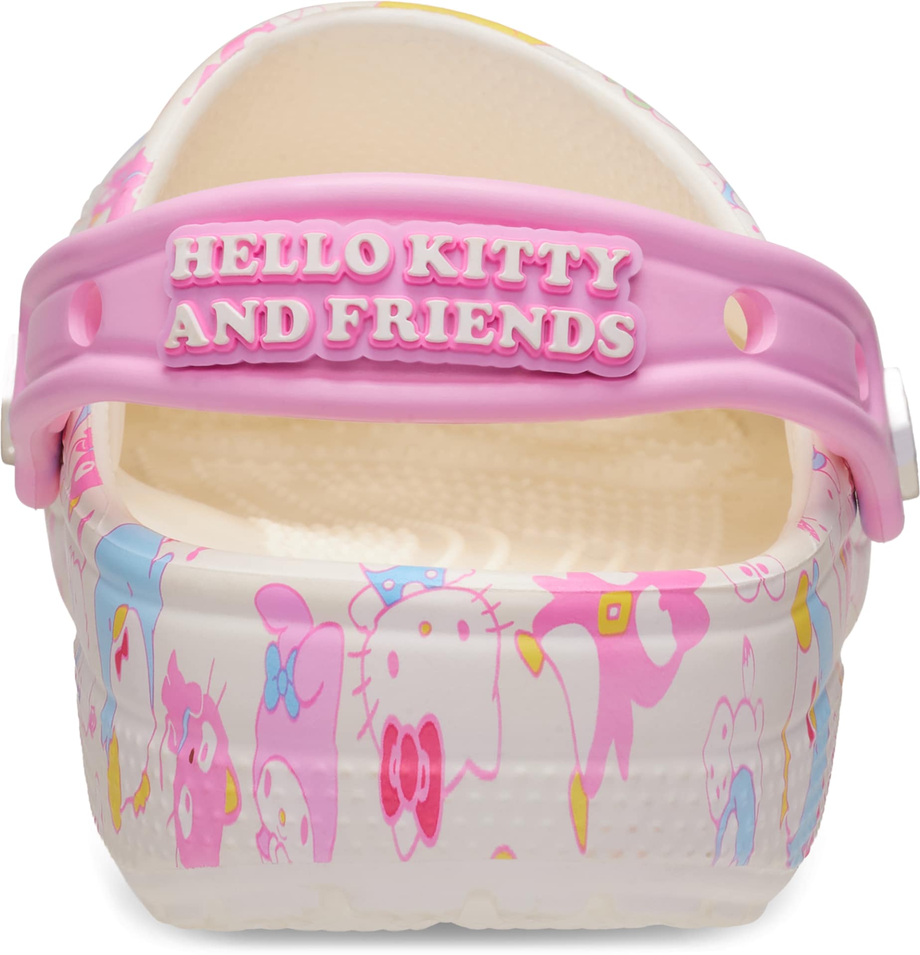 大人・キッズ向けサイズの「ハローキティ アンド フレンズ パステル クラシック クロッグ」のサイド・背面・靴底