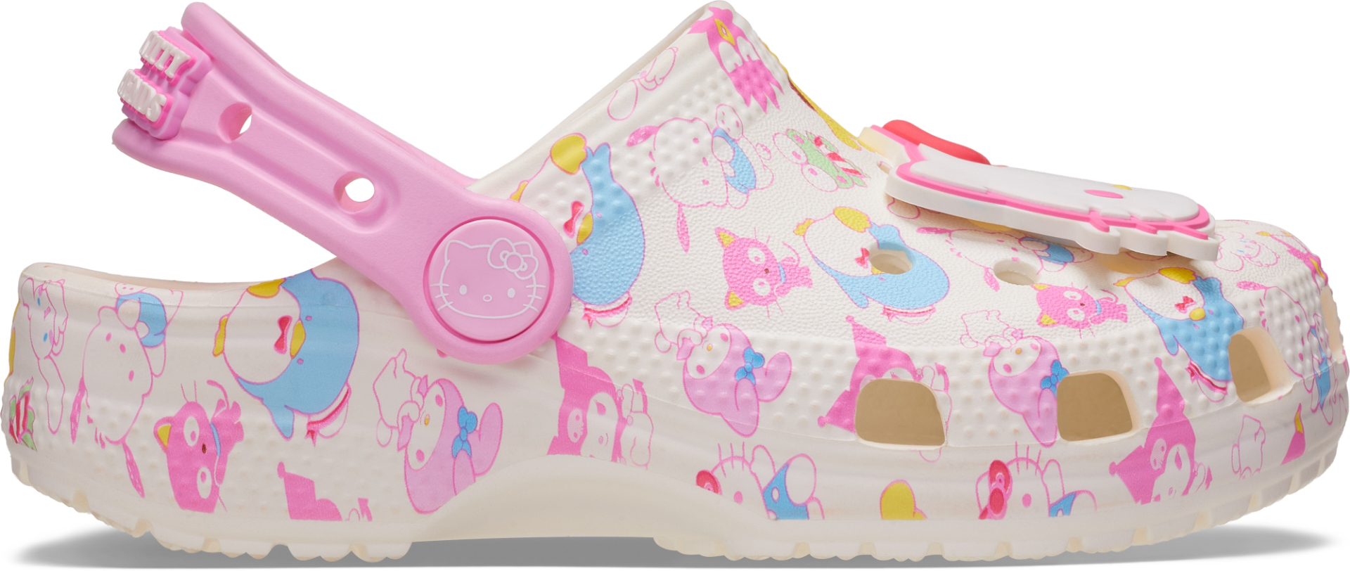 トドラーサイズの「ハローキティ アンド フレンズ パステル クラシック クロッグ」のサイド・背面・靴底