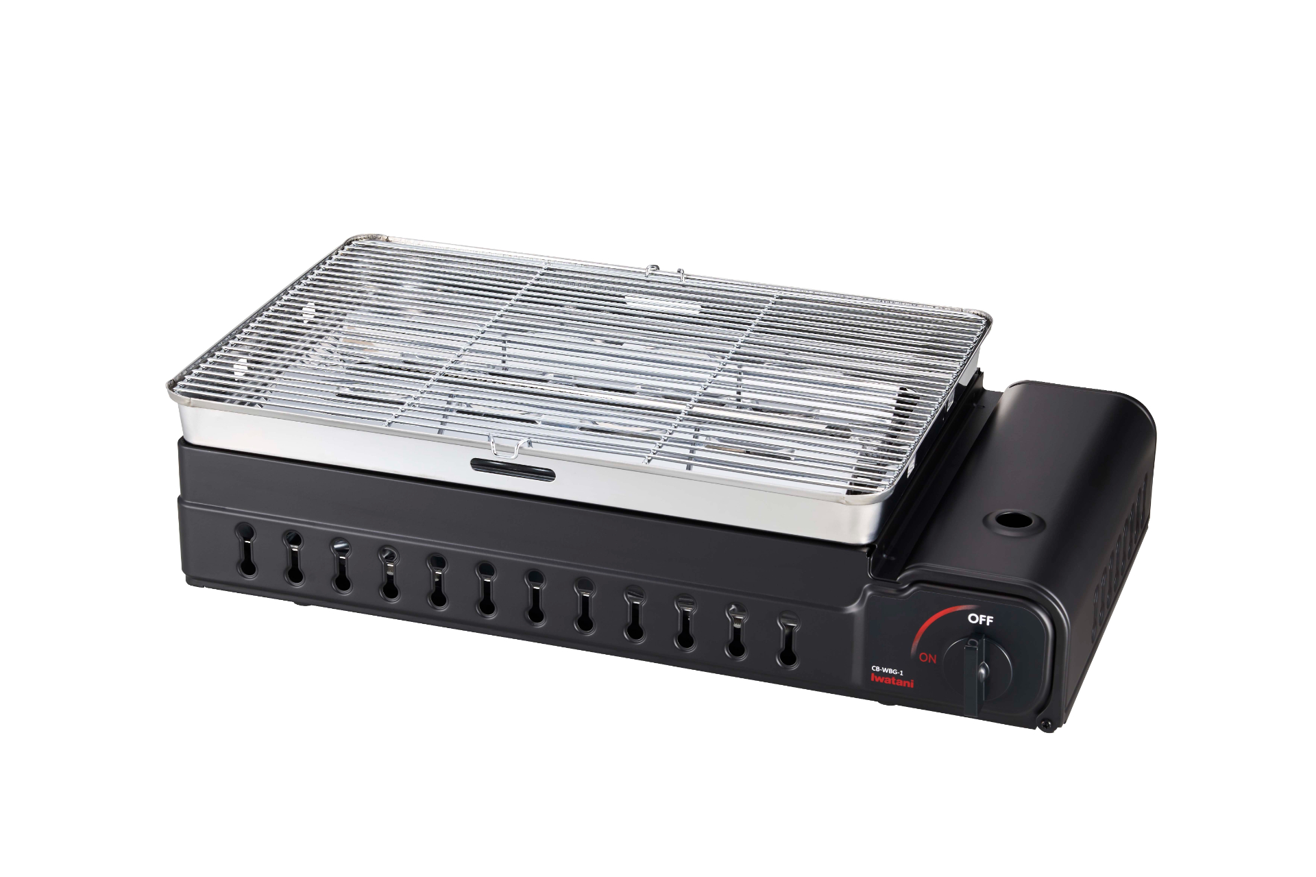 「イワタニカセットガス“ワイドBBQグリル”」。本体サイズは497×289×136mm（幅×奥行×高さ）、重量約3.5kg。専用キャリングケースが付属