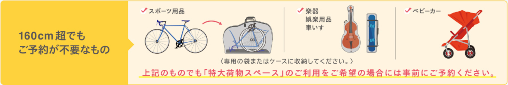 160cm超でも予約不要なのは、スポーツ用品や楽器、ベビーカー、車椅子など