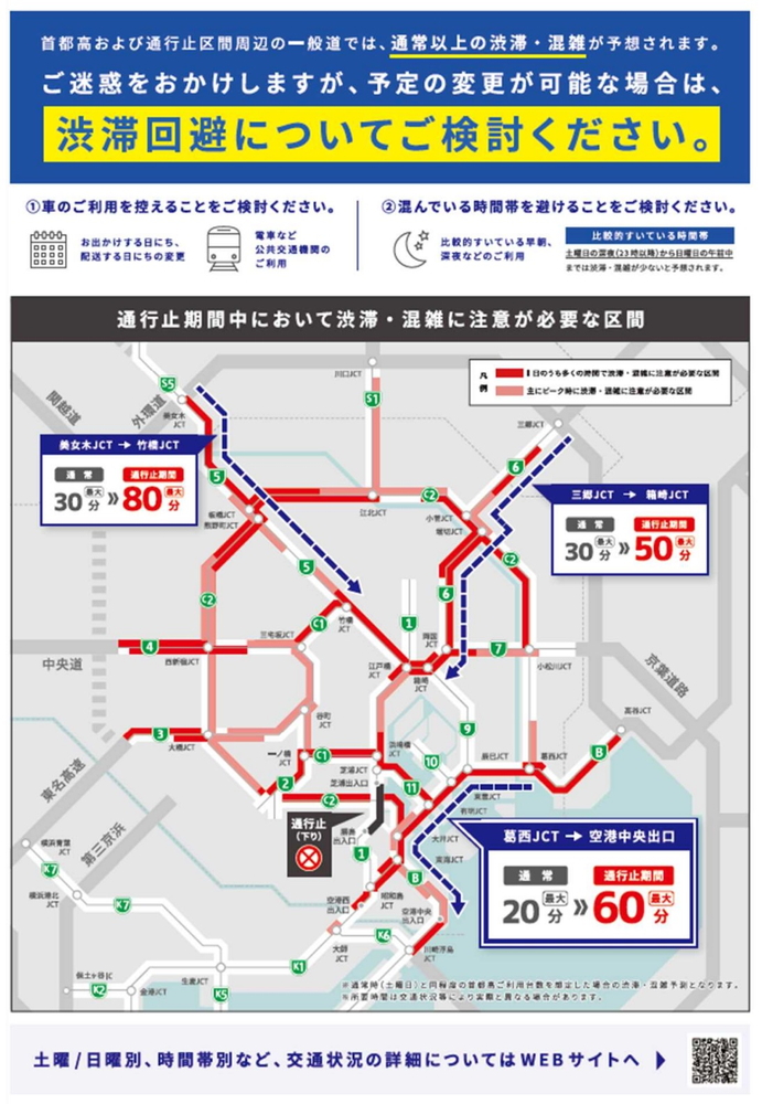 通行止期間中、渋滞・混雑に注意が必要な区間のマップ。葛西JCT→空港中央出口は最大60分の見込み（通常最大20分）