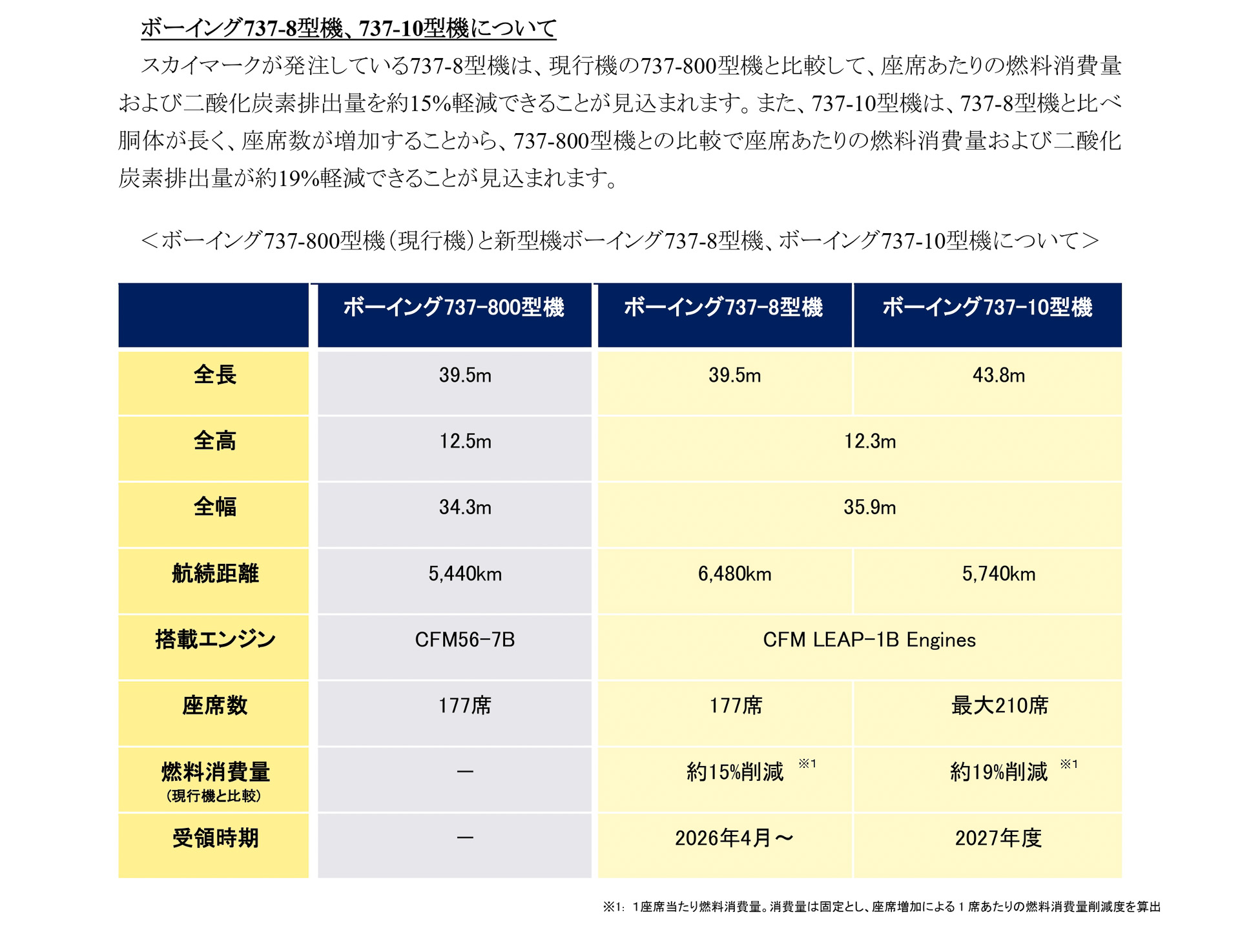 スカイマークが受領したボーイング 737-8型機の仕様