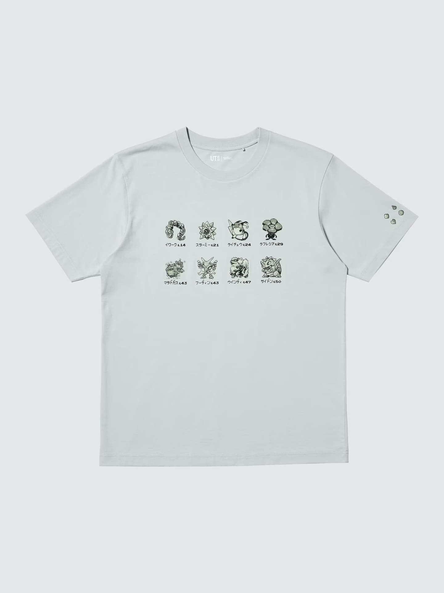 初代ジムリーダーたちの手持ちポケモンを並べた1枚。袖口には8個のジムバッジも（大人サイズ）