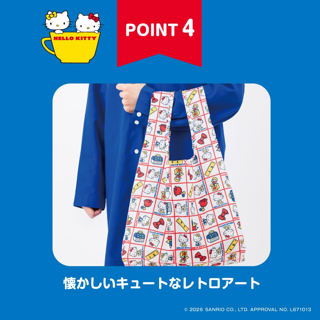 レトロポップなキティ＆ミミィのエコバッグ。ゴムでたたんでリボンポーチに収納できる