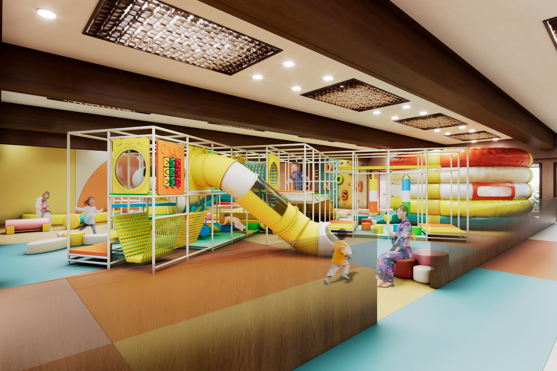 天候に左右されず、子供が思いきり遊べる屋内キッズパーク。年齢に合わせた多彩な遊具を備える