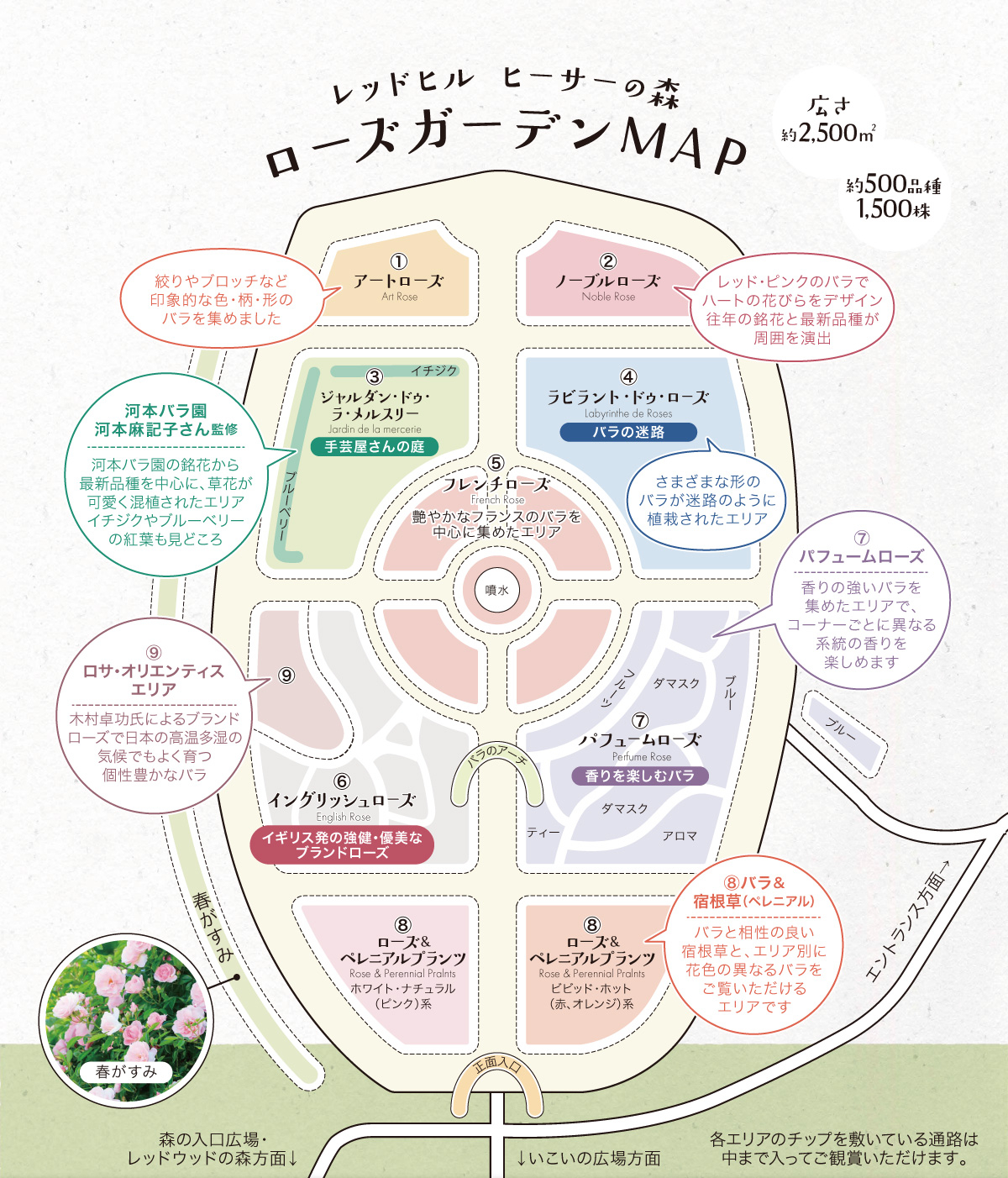 9つのテーマで構成「ローズガーデン」マップ。例年、春バラの見頃は5月中旬～6月上旬、秋バラの見頃は10月下旬～11月中旬