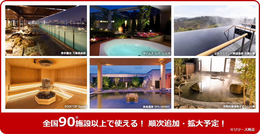 対象施設の一例。温泉スパ・サウナ・スーパー銭湯など全国90施設以上