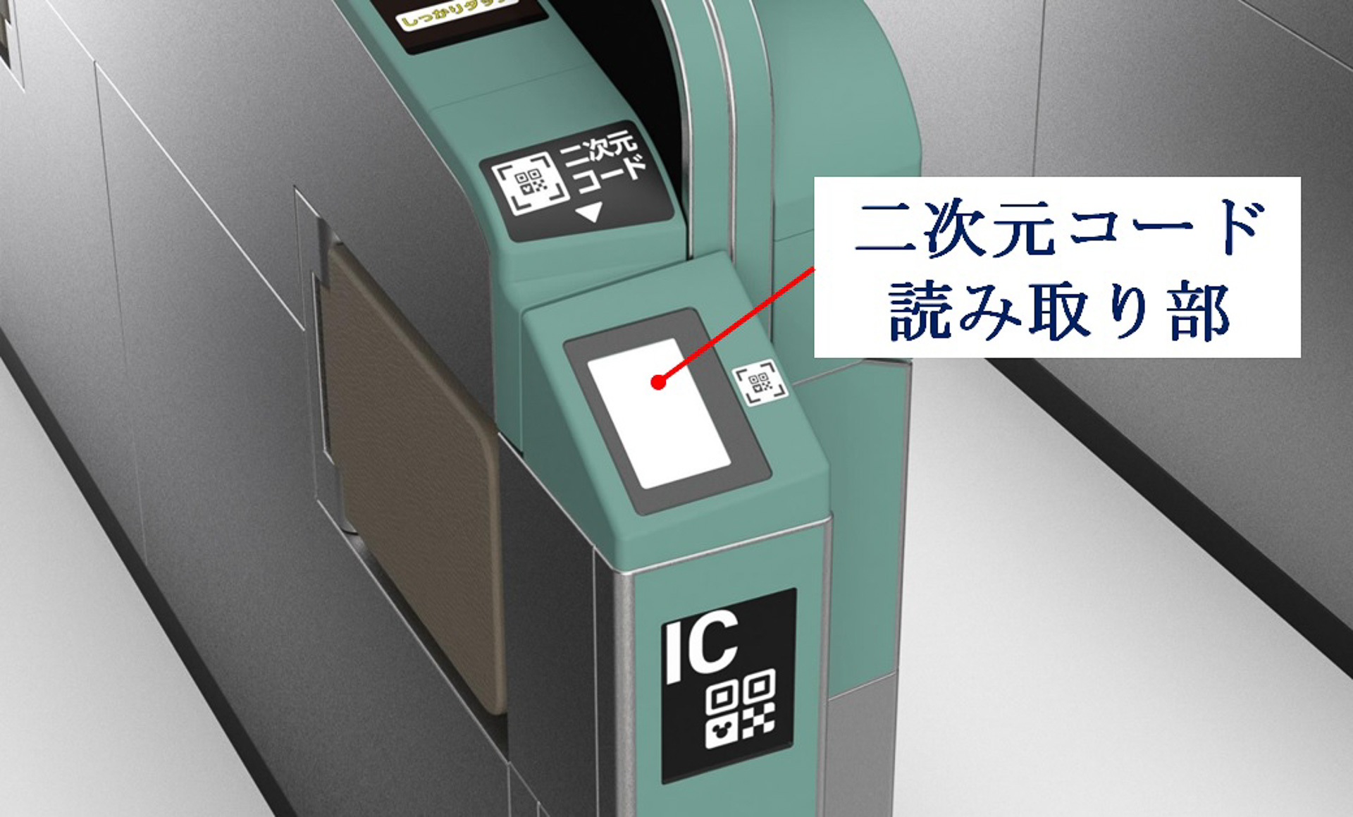2次元コード乗車券対応自動改札機では、読取部にかざすだけでスムーズに改札内へ入退場できる