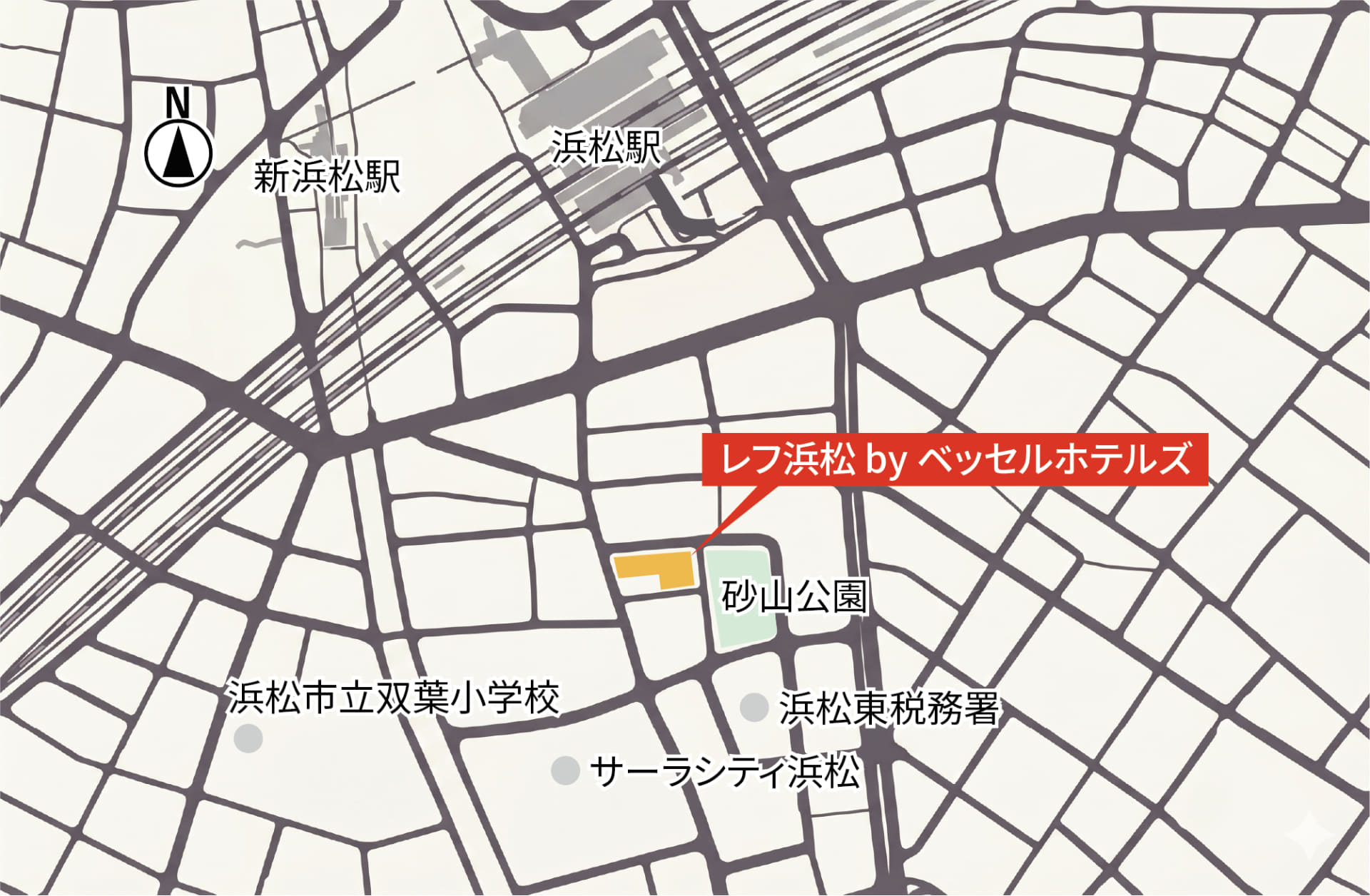 「レフ浜松 by ベッセルホテルズ」位置図。JR浜松駅南口から徒歩4分、浜松ICからはクルマで約25分