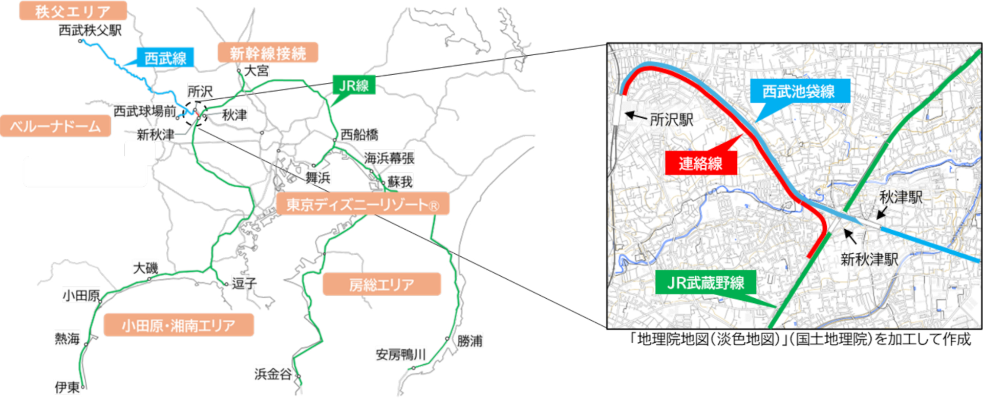 対象路線と接続する沿線観光地の位置図