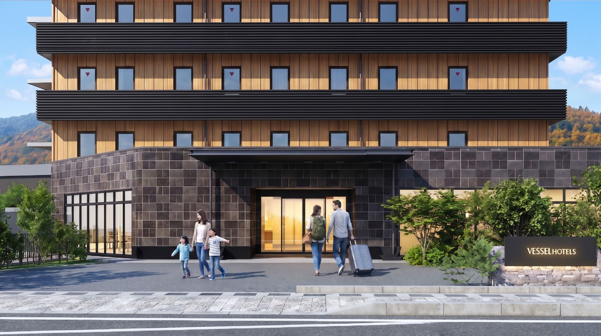 全107室の「ベッセル出雲大社町ホテル（仮称）」。天然温泉と夕朝ビュッフェが楽しめ、出雲大社や石見銀山などの観光地にもアクセスしやすい立地