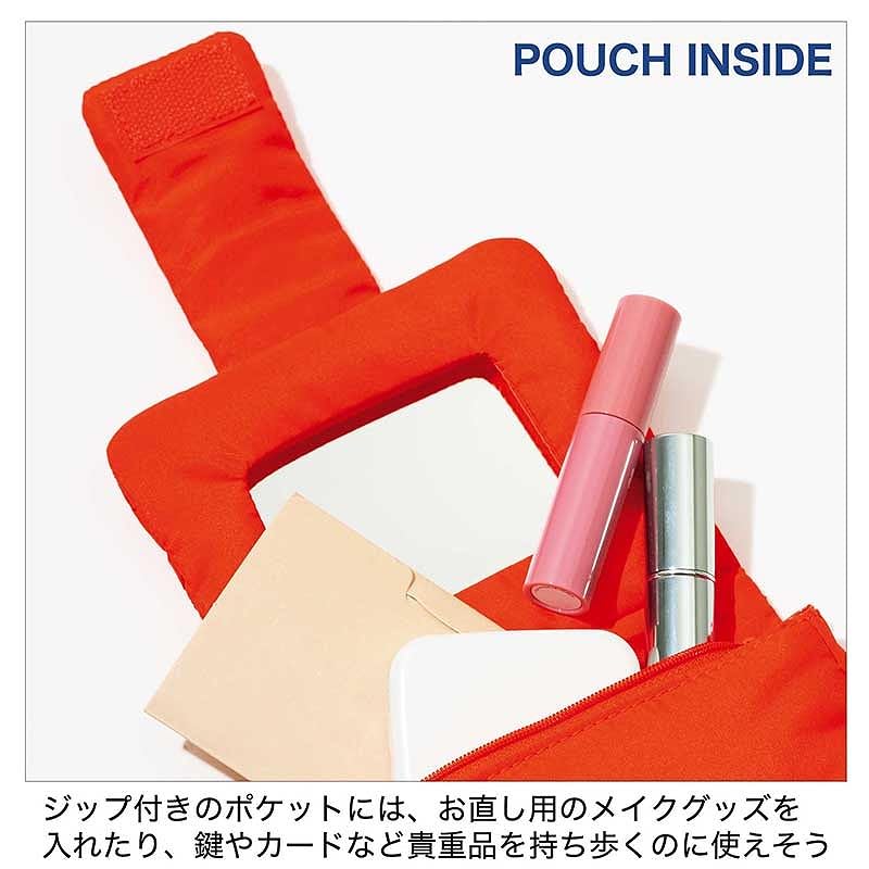 お直しコスメや貴重品などを入れておける、ミラー付きキルティングポーチ。サイズは約13×3×11cm（幅×奥行×高さ）