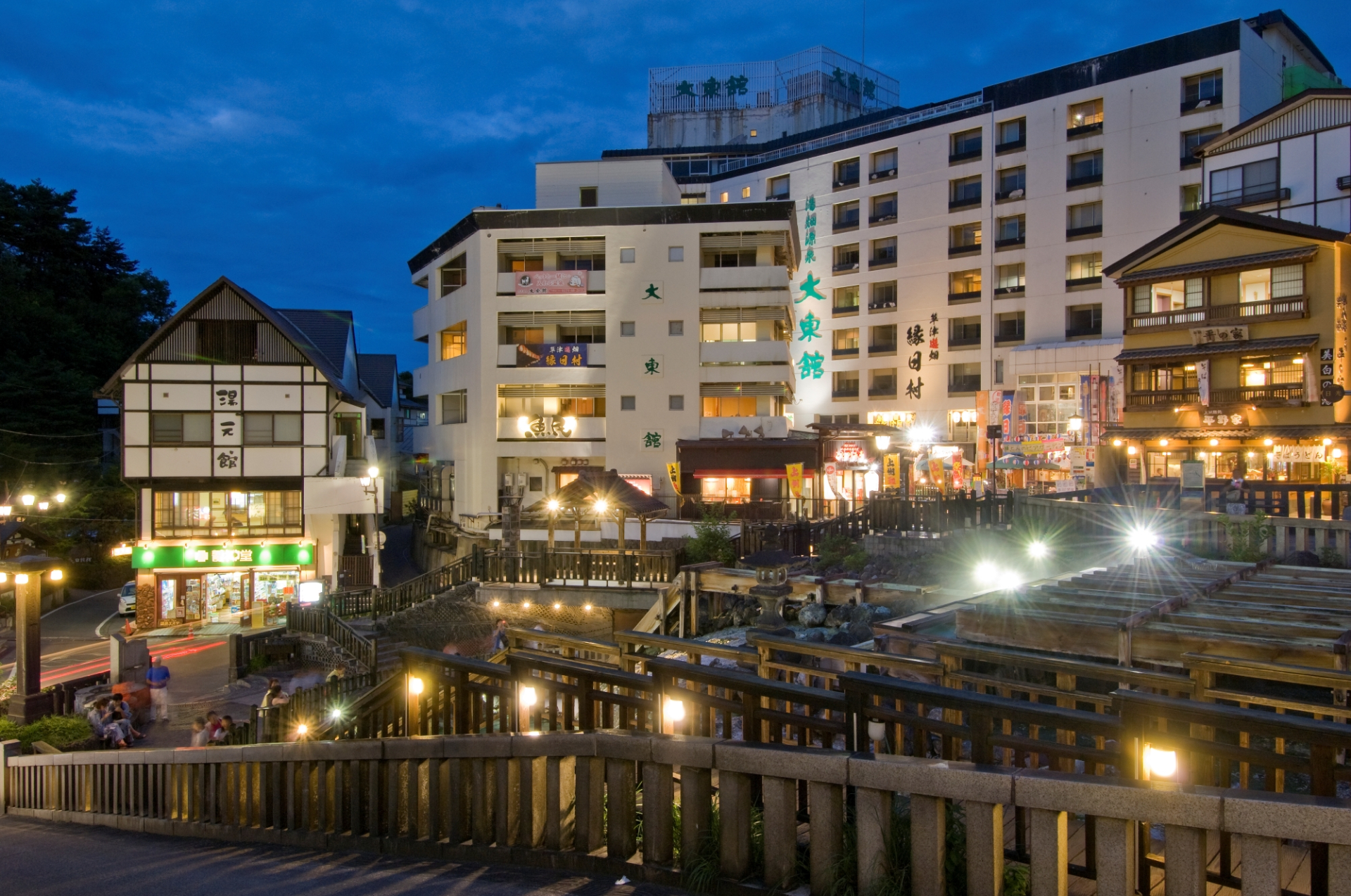 草津温泉 大東舘。湯畑を見下ろすロケーションで、源泉は湯畑から直接引いている。落ち着きのある和室を中心に、愛犬と過ごせるフロアも用意