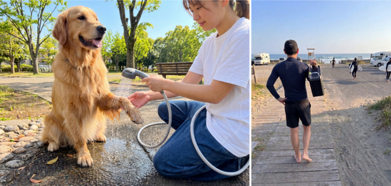 燃料はコンビニやスーパーで手に入る市販のカセットガス。キャンプやBBQ、海水浴やマリンスポーツ後に温かいシャワーを浴びれる