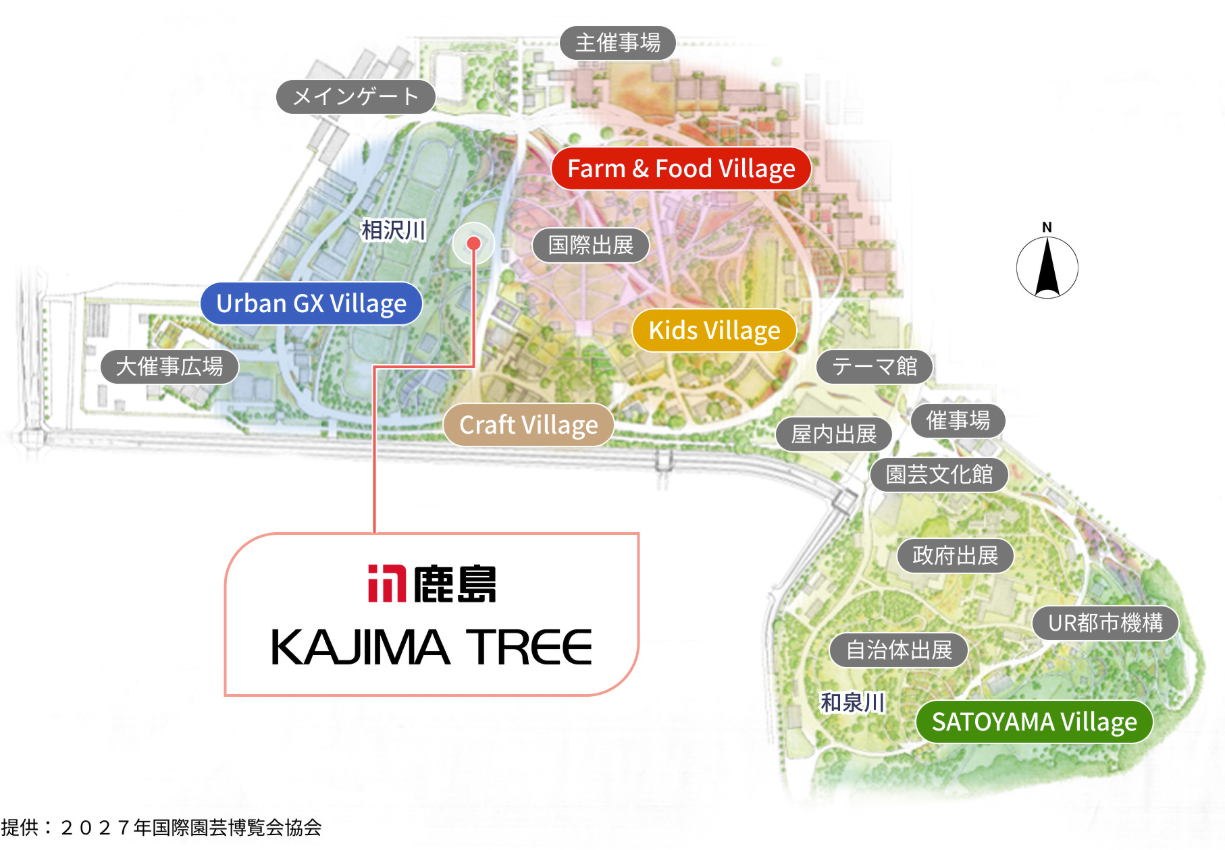 「GREEN×EXPO 2027」会場マップと「KAJIMA TREE」の建設位置