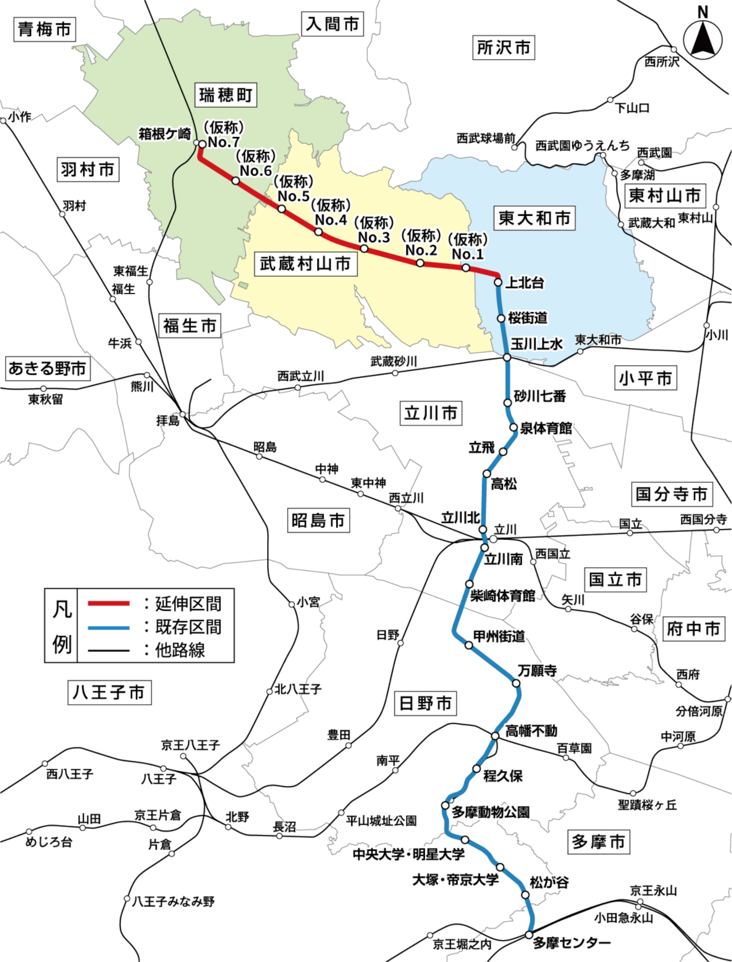 多摩都市モノレールの既存区間と延伸区間 ※画像を開いてからクリックで拡大