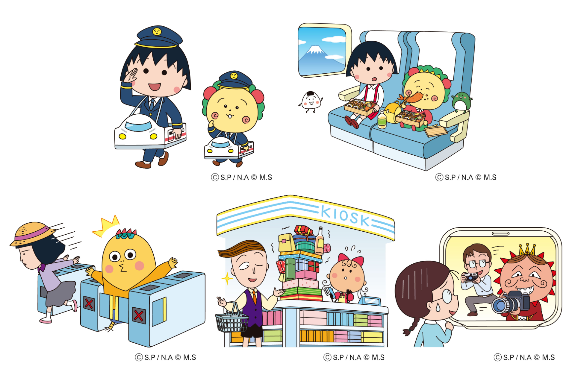 ちびまる子ちゃんやコジコジたちが駅・電車内で楽しむイラストはコラボキャンペーン限定の描き下ろし