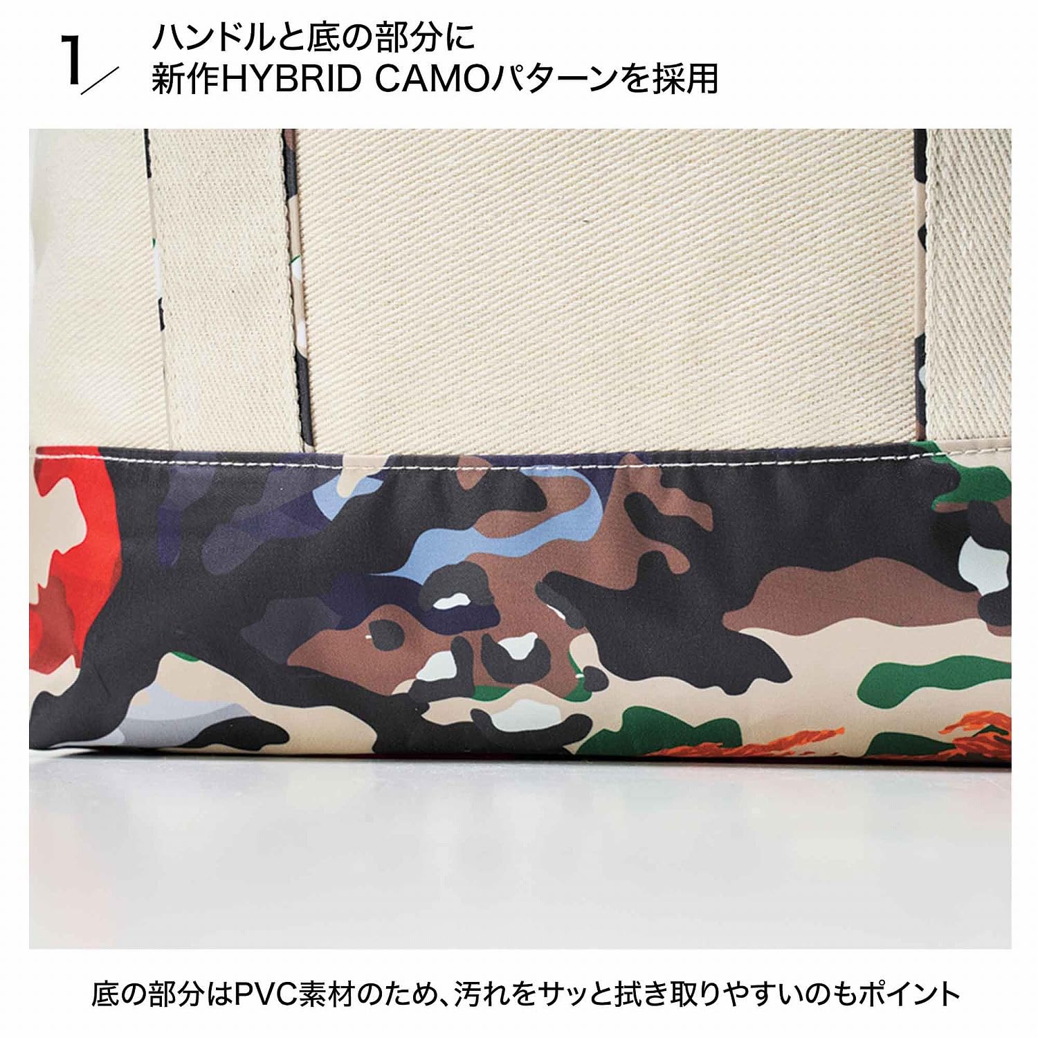 ハンドルと底の部分にあしらった新作「HYBRID CAMO」パターン。マルチカラーがアクセントになっている