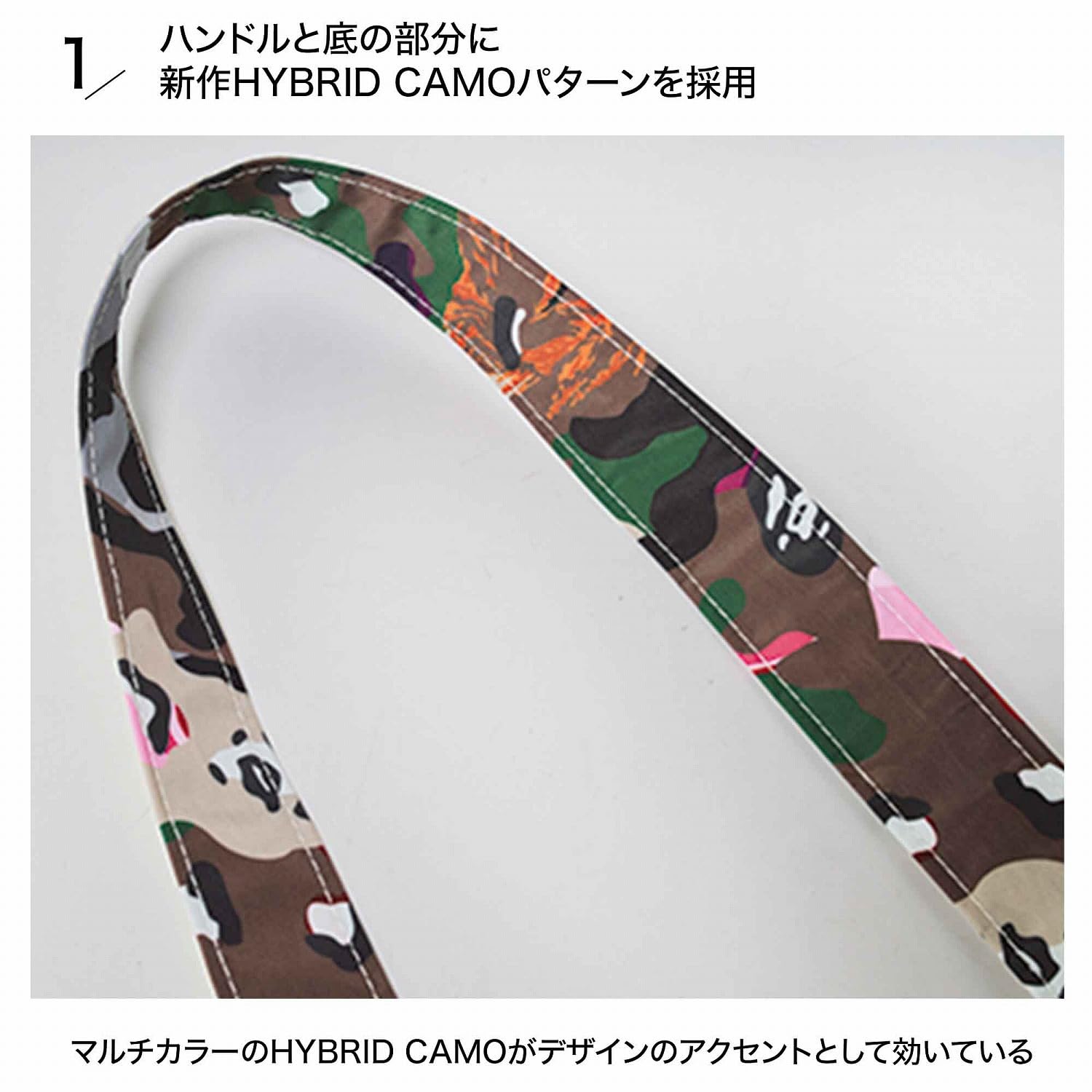 ハンドルと底の部分にあしらった新作「HYBRID CAMO」パターン。マルチカラーがアクセントになっている
