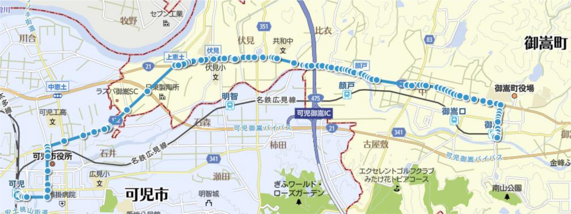 代替バスのルート案（新可児駅～御嵩駅間、約8.5km）※画像を開いてからクリックで拡大