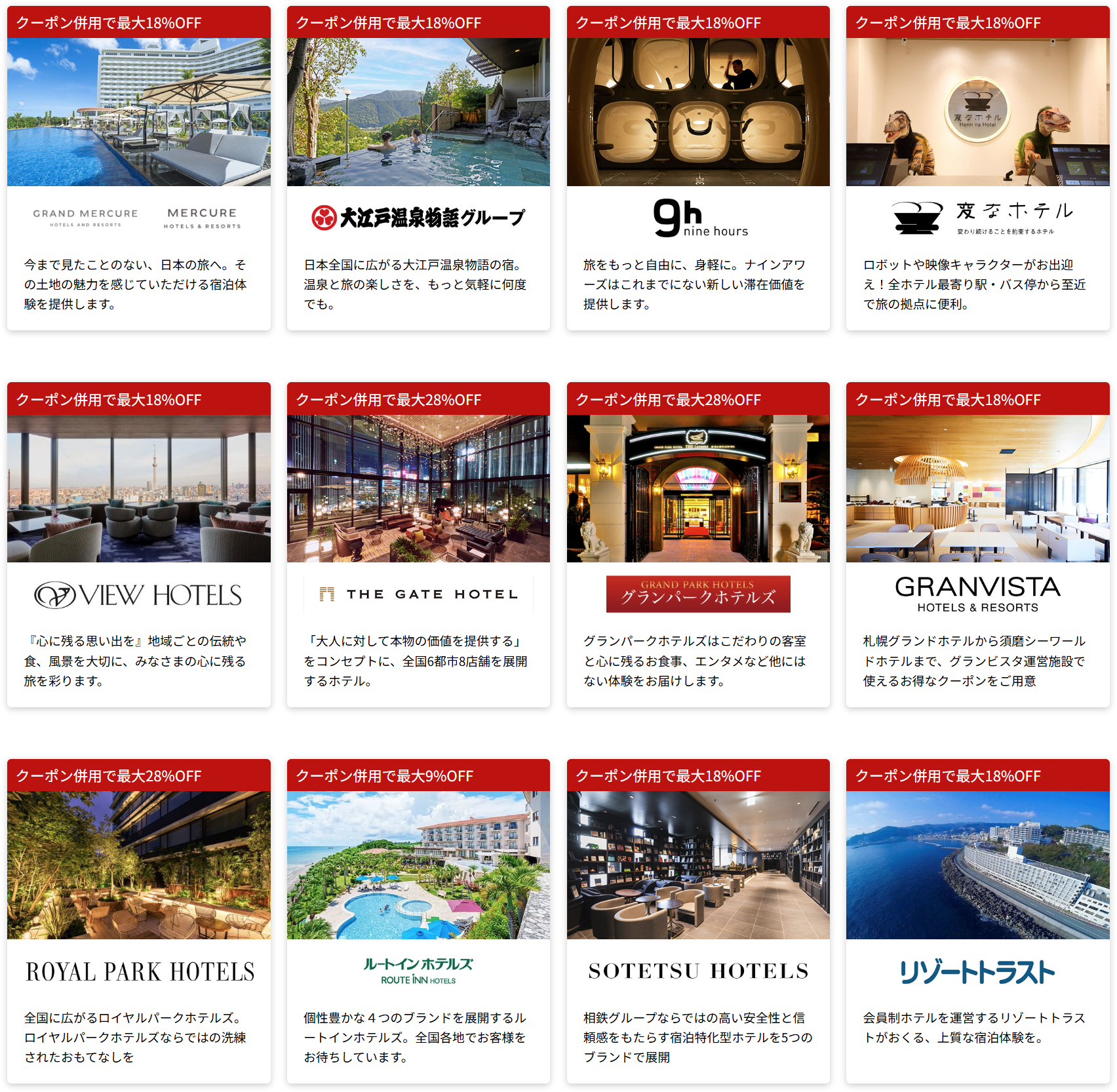 割引対象となっているチェーンホテル例