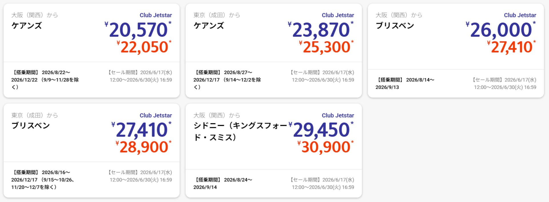 日本～オーストラリアのセール対象5路線と片道価格