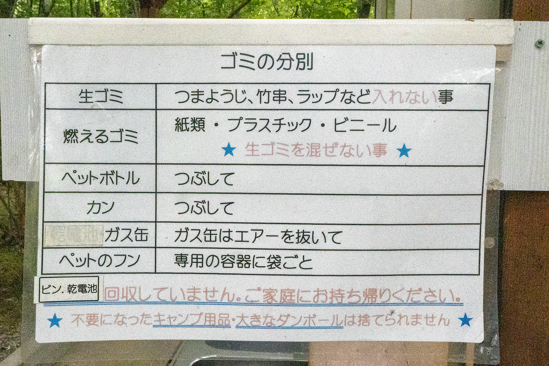 RVパーク利用時に出たゴミについては回収も行なっているが、ルールに沿った分別は必須。料金は350円。なお、旅のほかの日程で出たゴミの回収には対応していない