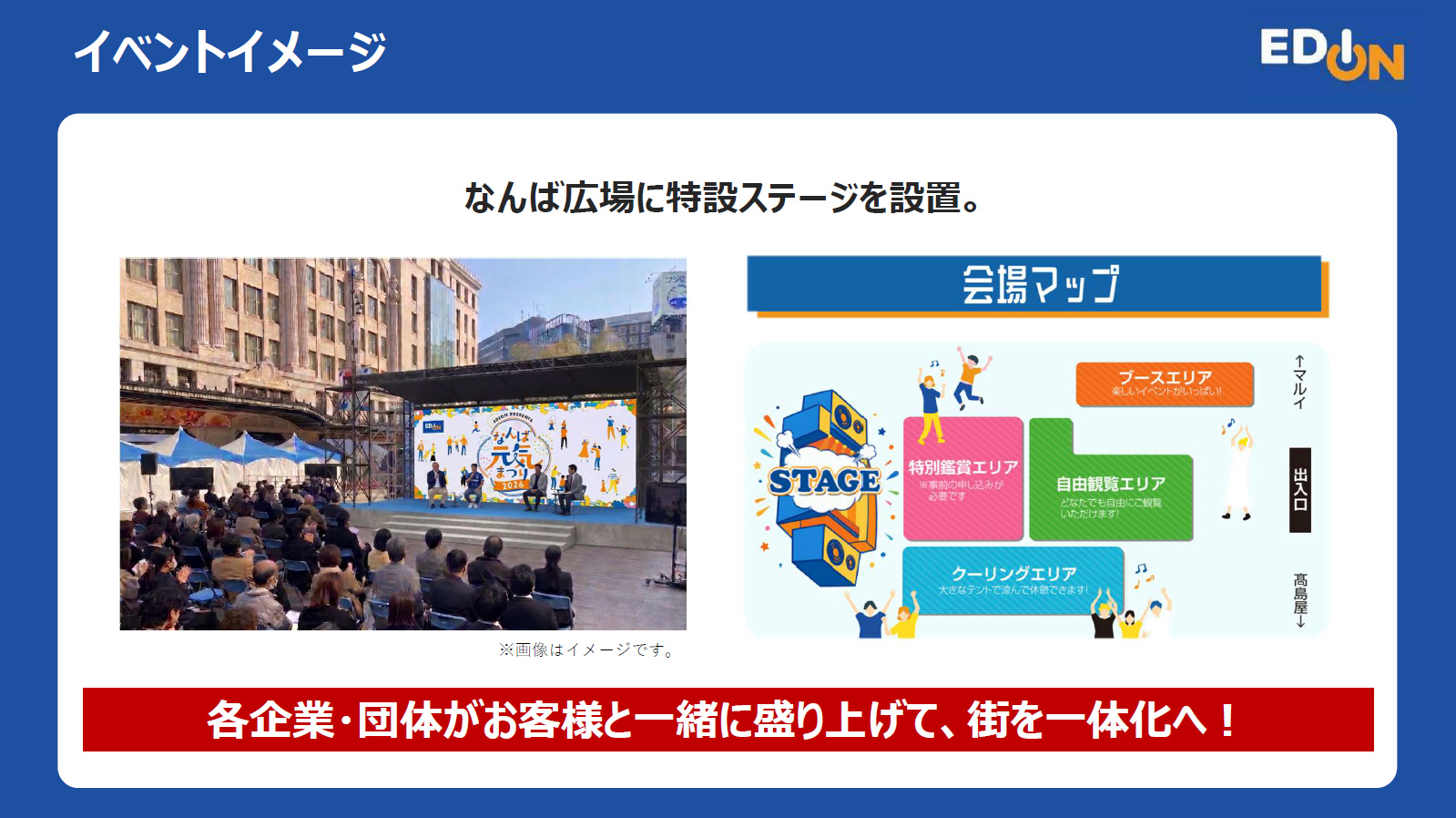 特設ステージと複数の観覧エリアを設ける。真夏のイベントらしく涼める場も用意する