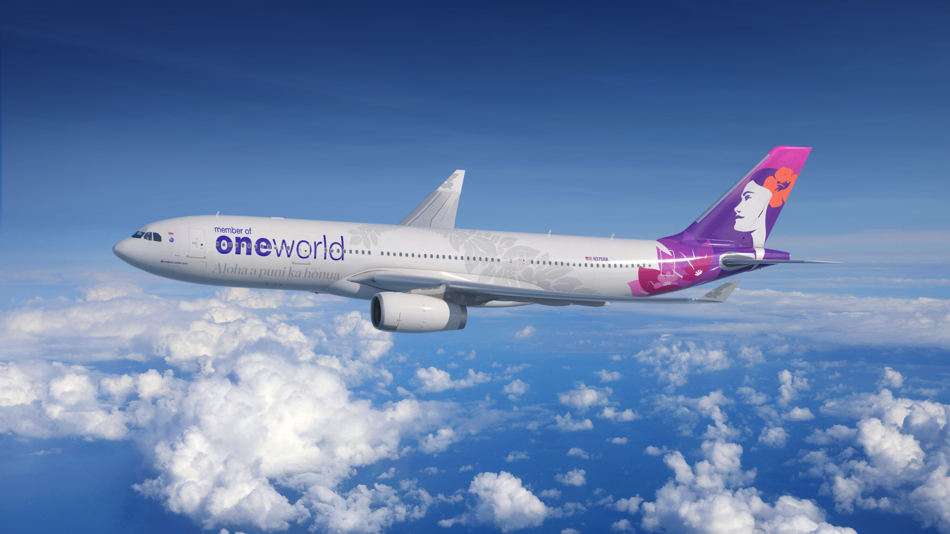 ワンワールド加盟を記念した特別塗装機（エアバス A330型機）。機体にハワイ語で「Aloha a puni ka honua（世界中にアロハをお届け）」とメッセージをあしらう（写真提供：ハワイアン航空）