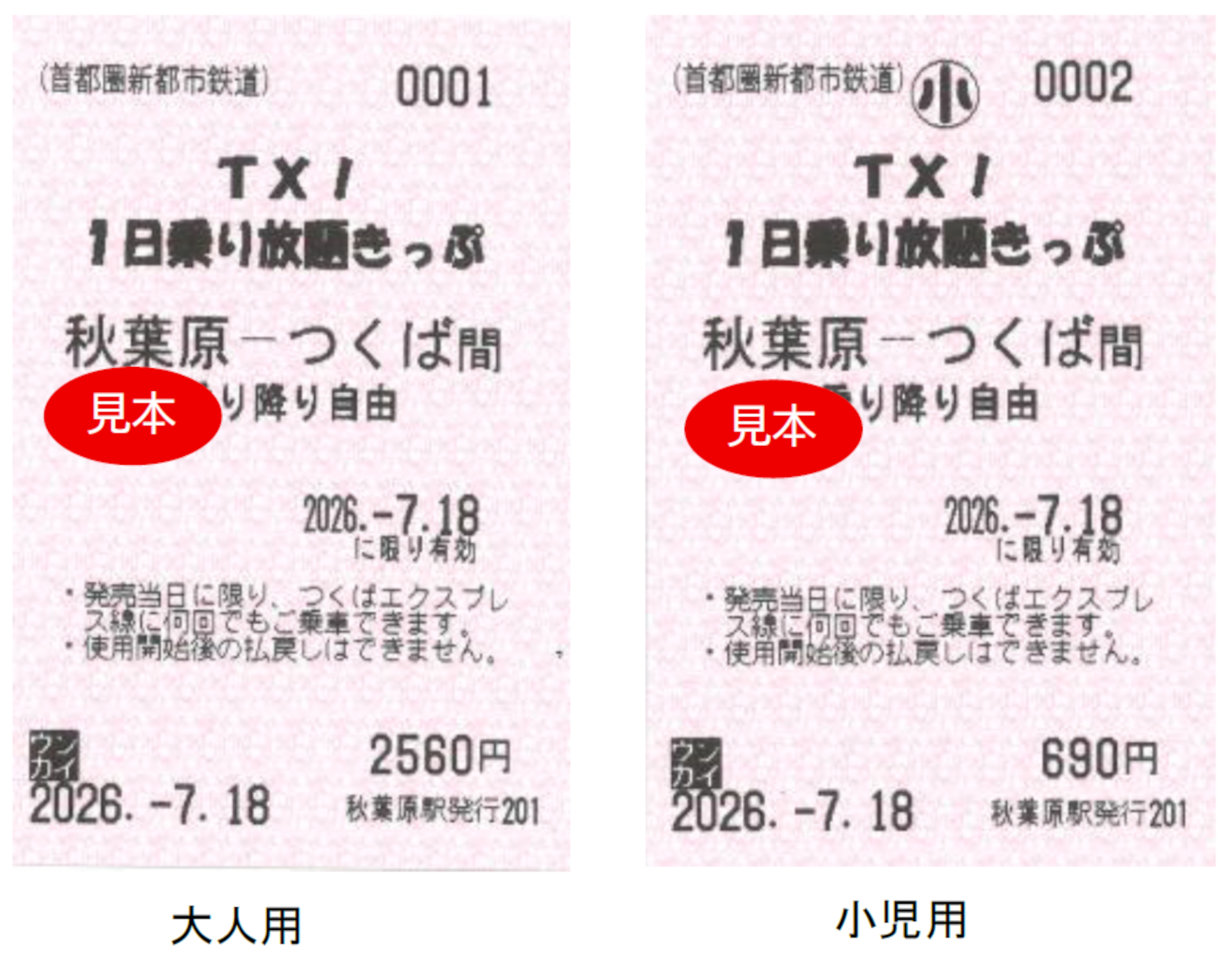 「TX！1日乗り放題きっぷ」みほん