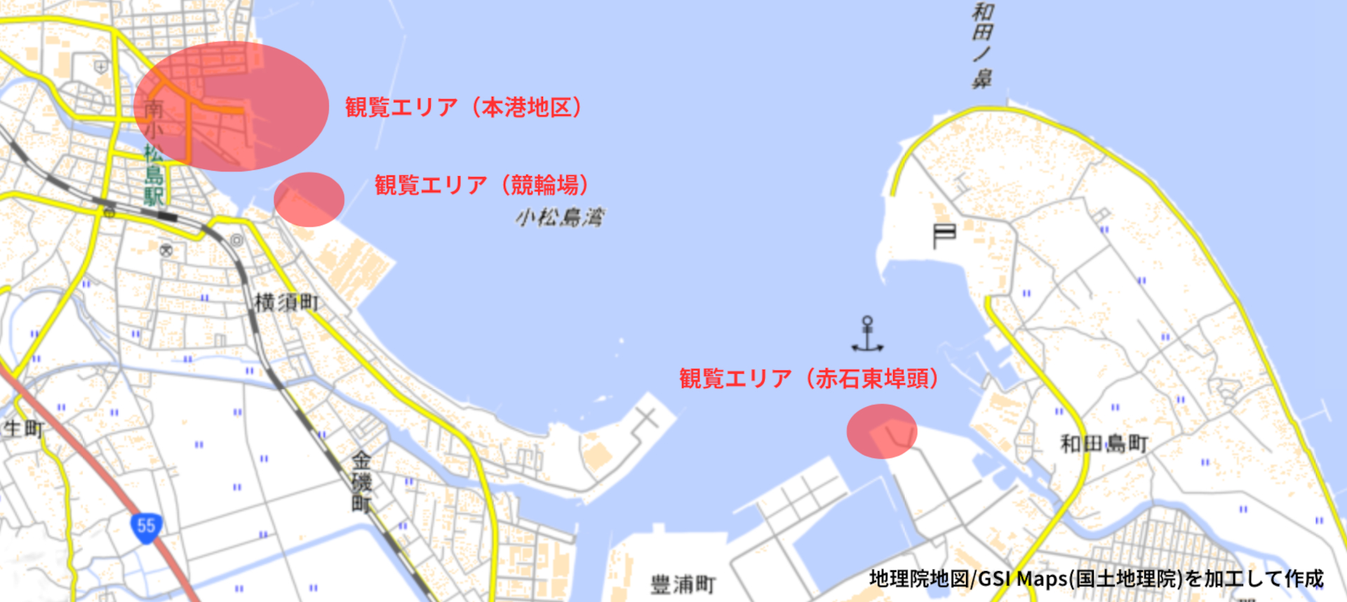 小松島市内の観覧エリア。各観覧エリアでは自衛隊グッズも販売予定