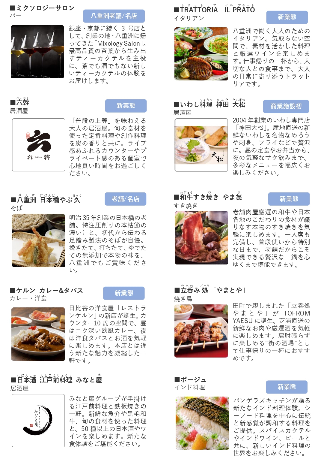 商業ゾーン「TOFROM YAESU Shop ＆ Restaurant」店舗一覧（全68店舗）