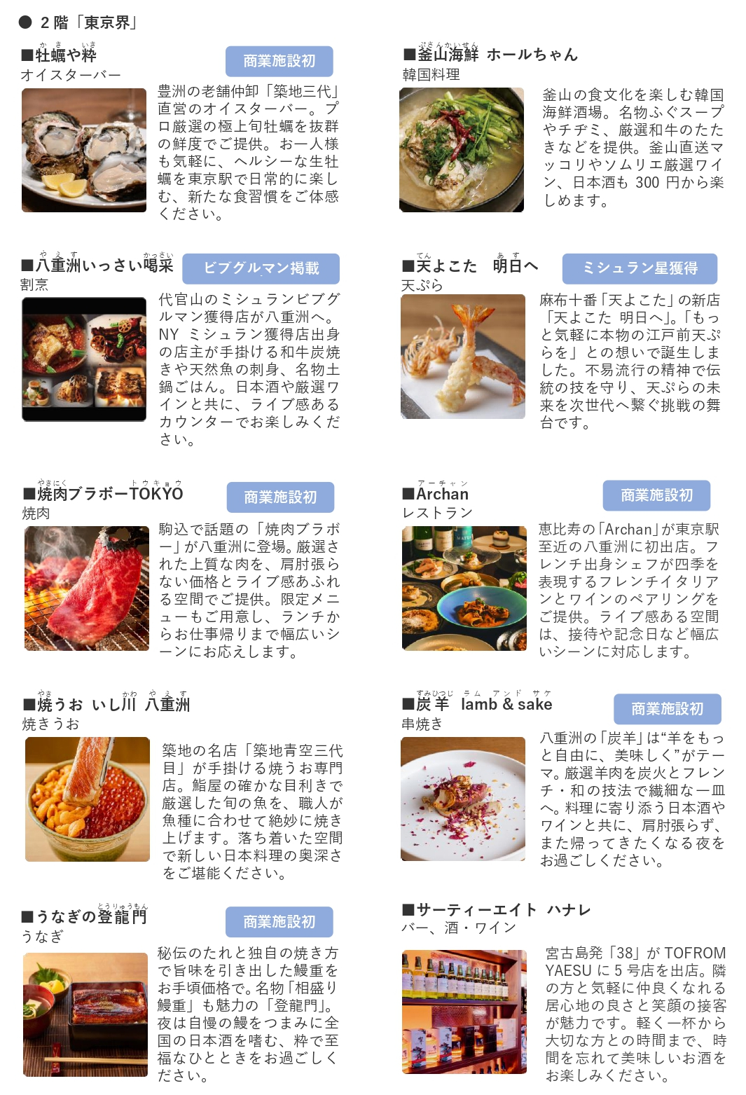 商業ゾーン「TOFROM YAESU Shop ＆ Restaurant」店舗一覧（全68店舗）