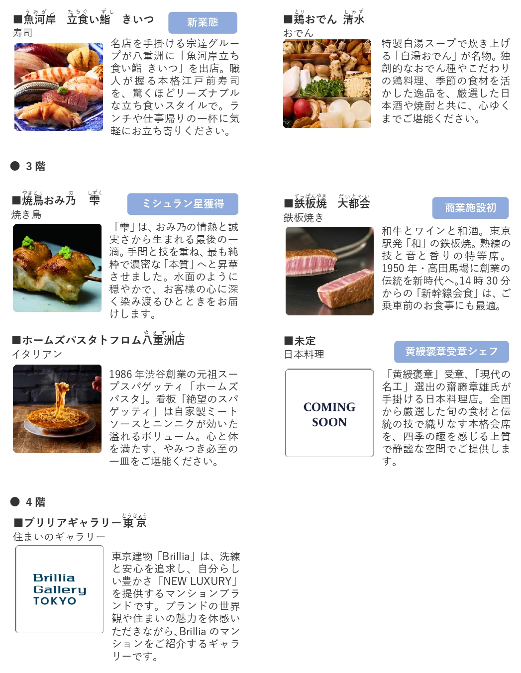 商業ゾーン「TOFROM YAESU Shop ＆ Restaurant」店舗一覧（全68店舗）