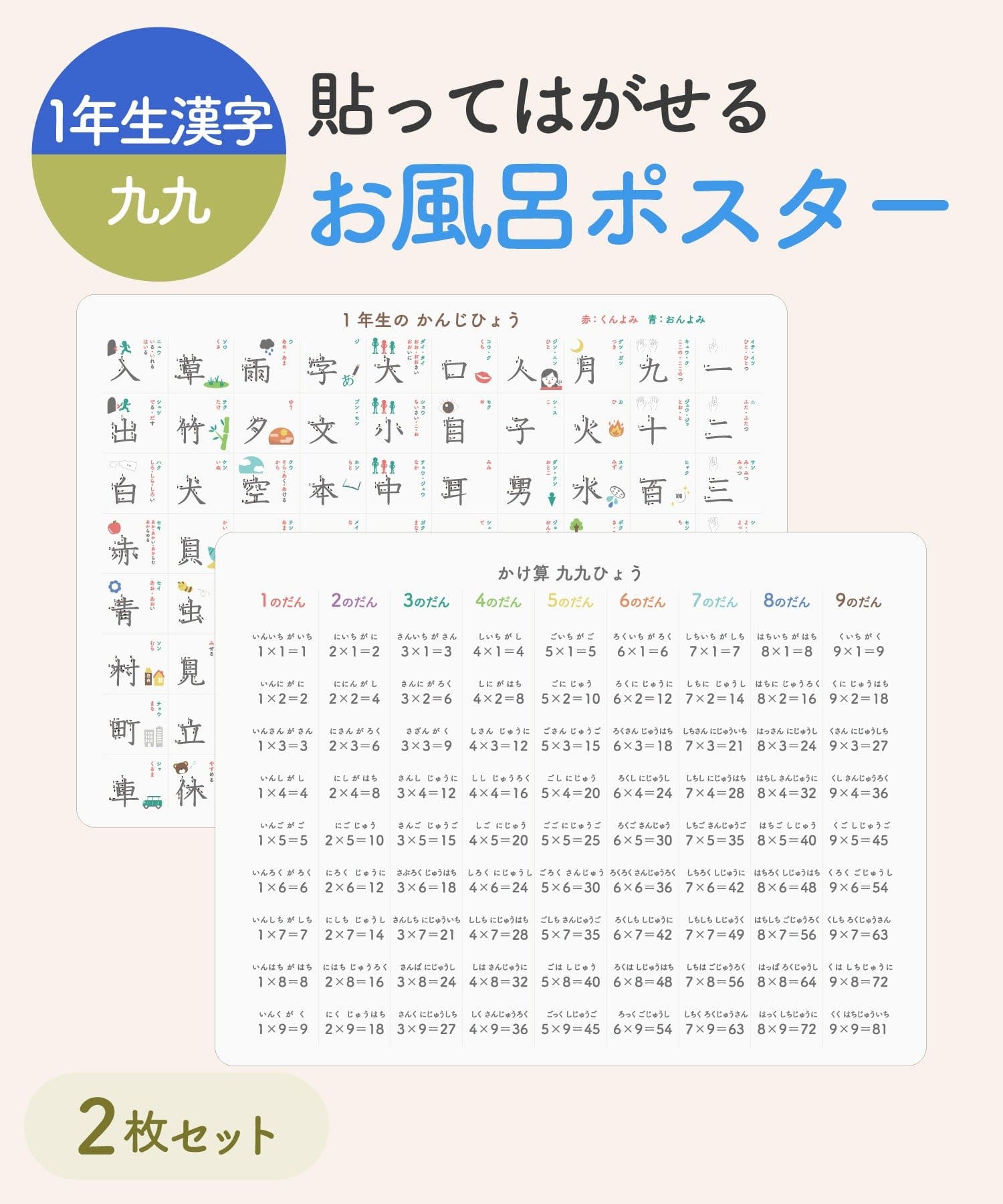 1年生漢字＆九九「お風呂ポスター2枚セット」（330円）