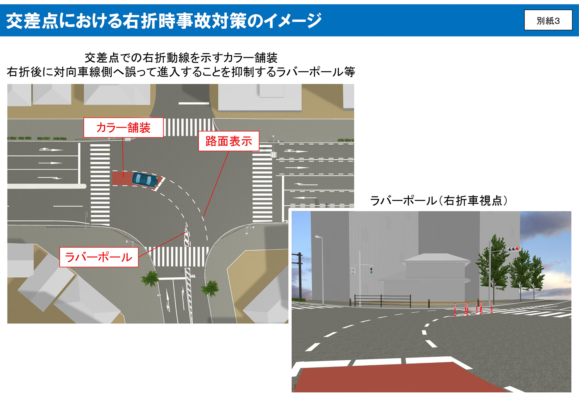 具体的には、右折動線のカラー舗装、点線による誘導、ラバーポールの設置などを行なう