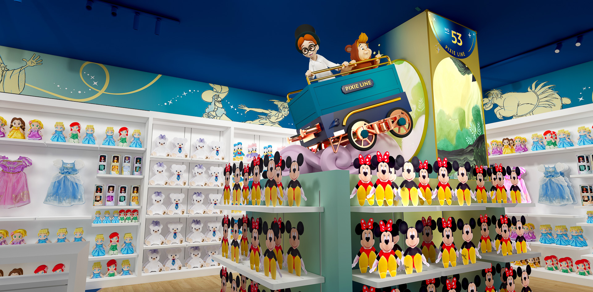 魔法の鏡から飛び出した蒸気機関車に乗ったディズニーキャラクターたち