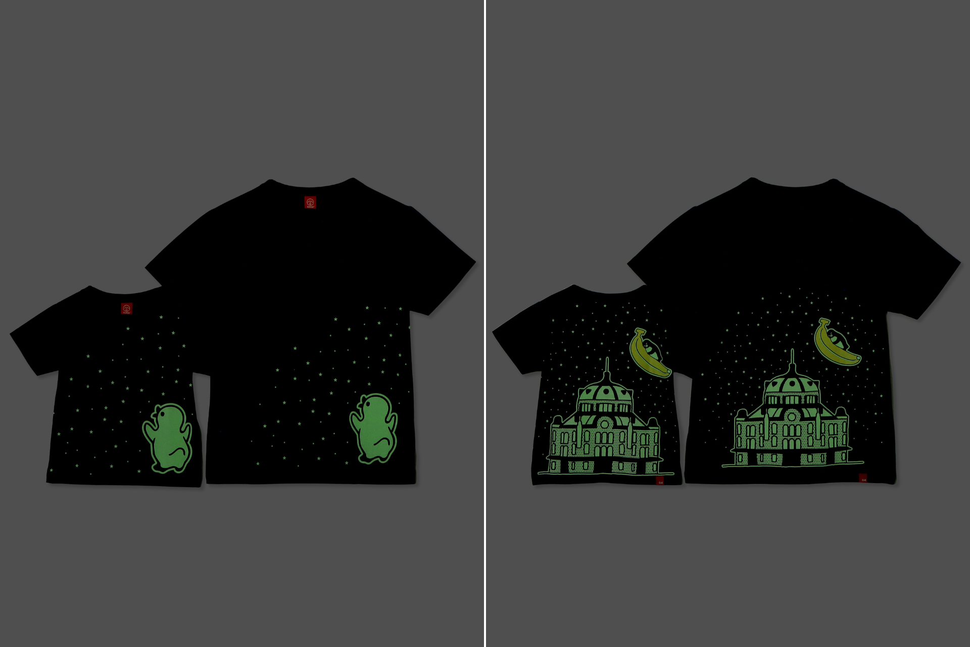 Tシャツ「丸の内駅舎とバナナ」は蓄光仕様。暗いところで光る