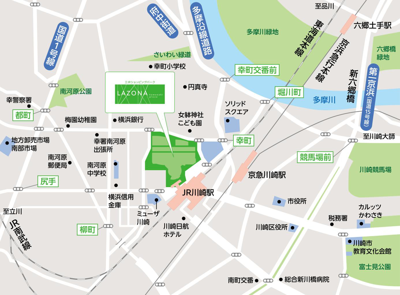 施設位置図。JR川崎駅に直結