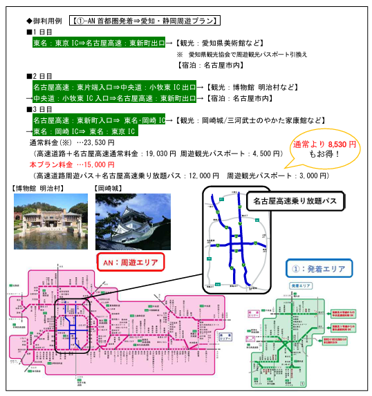 高速乗り放題エリアマップとお得な利用例。通常なら2万3530円かかる3日間のクルマ旅コースが8530円も安く