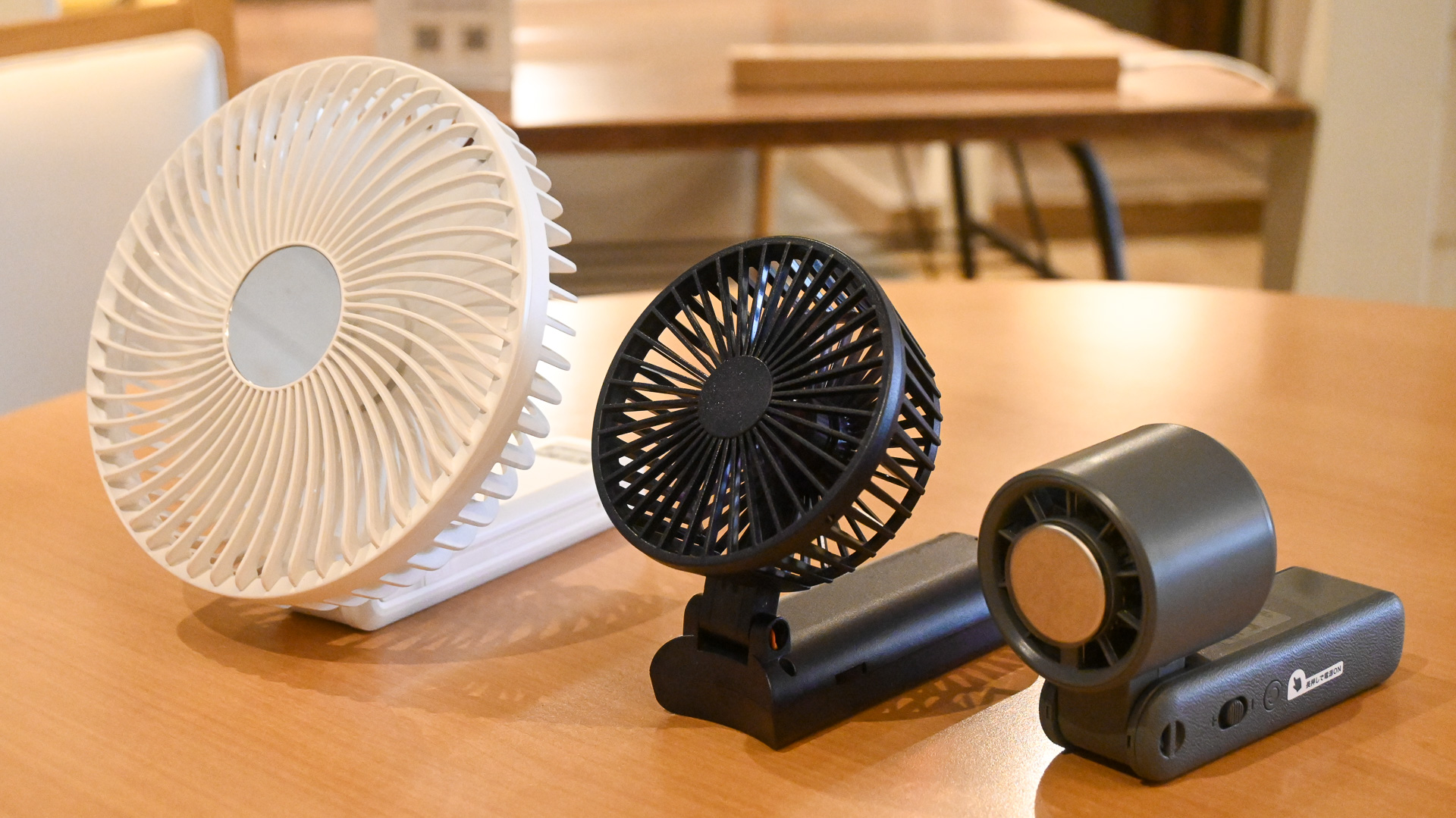 今回比較する3機種。左からゴリラの扇風機、ドンキPB、コーナンPB