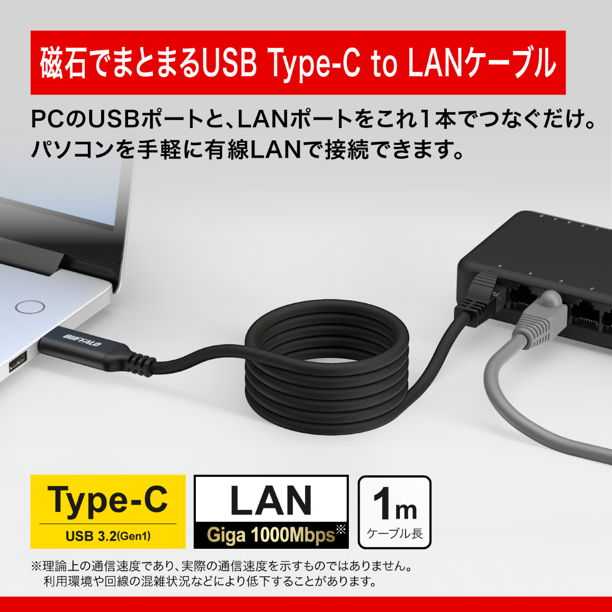 磁石でまとまるUSB Type-C to LAN変換ケーブル