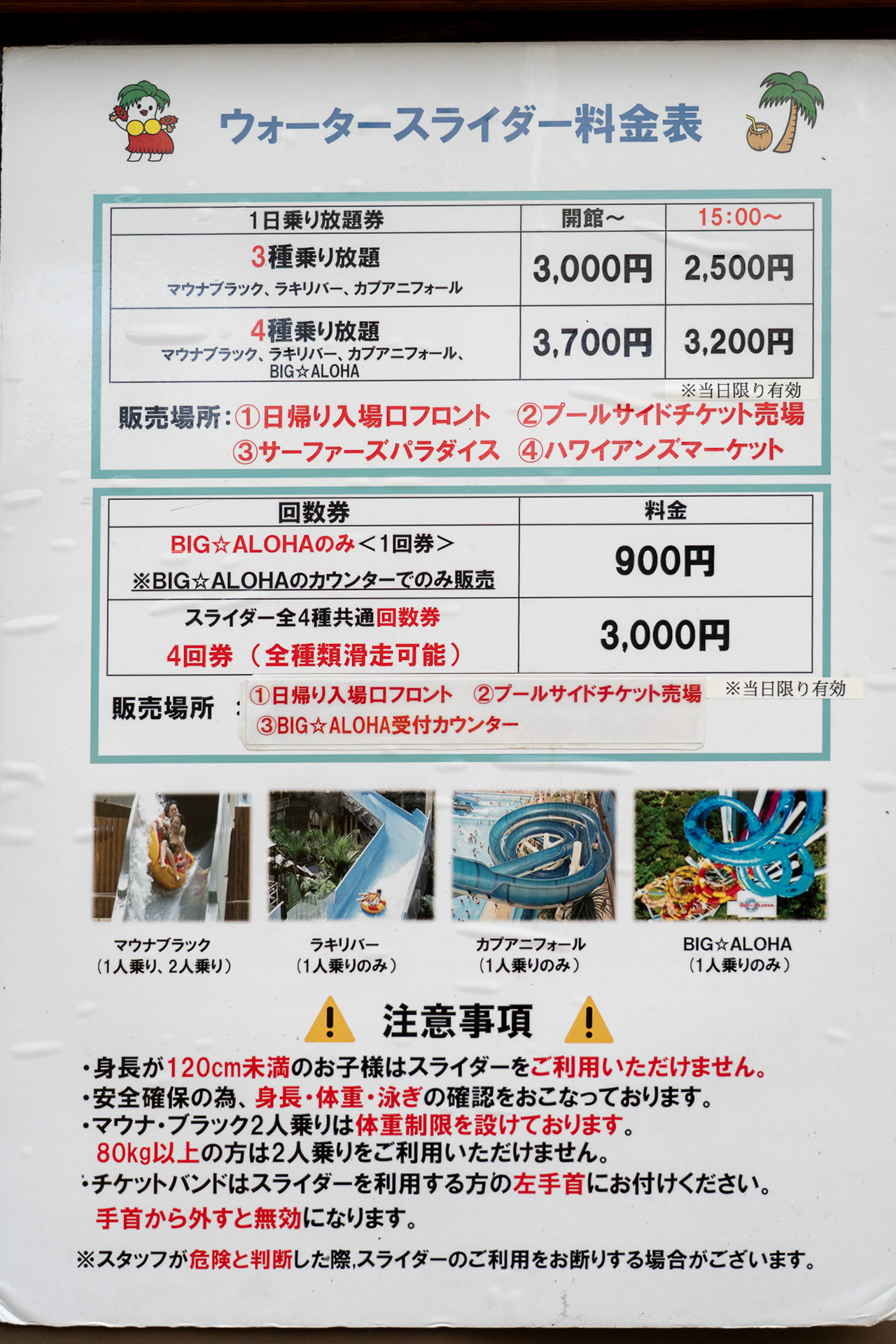 プールサイドなどで購入できる「3種乗り放題券」（3000円）や、高低差・長さ日本一のボディスライダー「ビッグアロハ」も乗れる「4種乗り放題券」（3700円）などがある